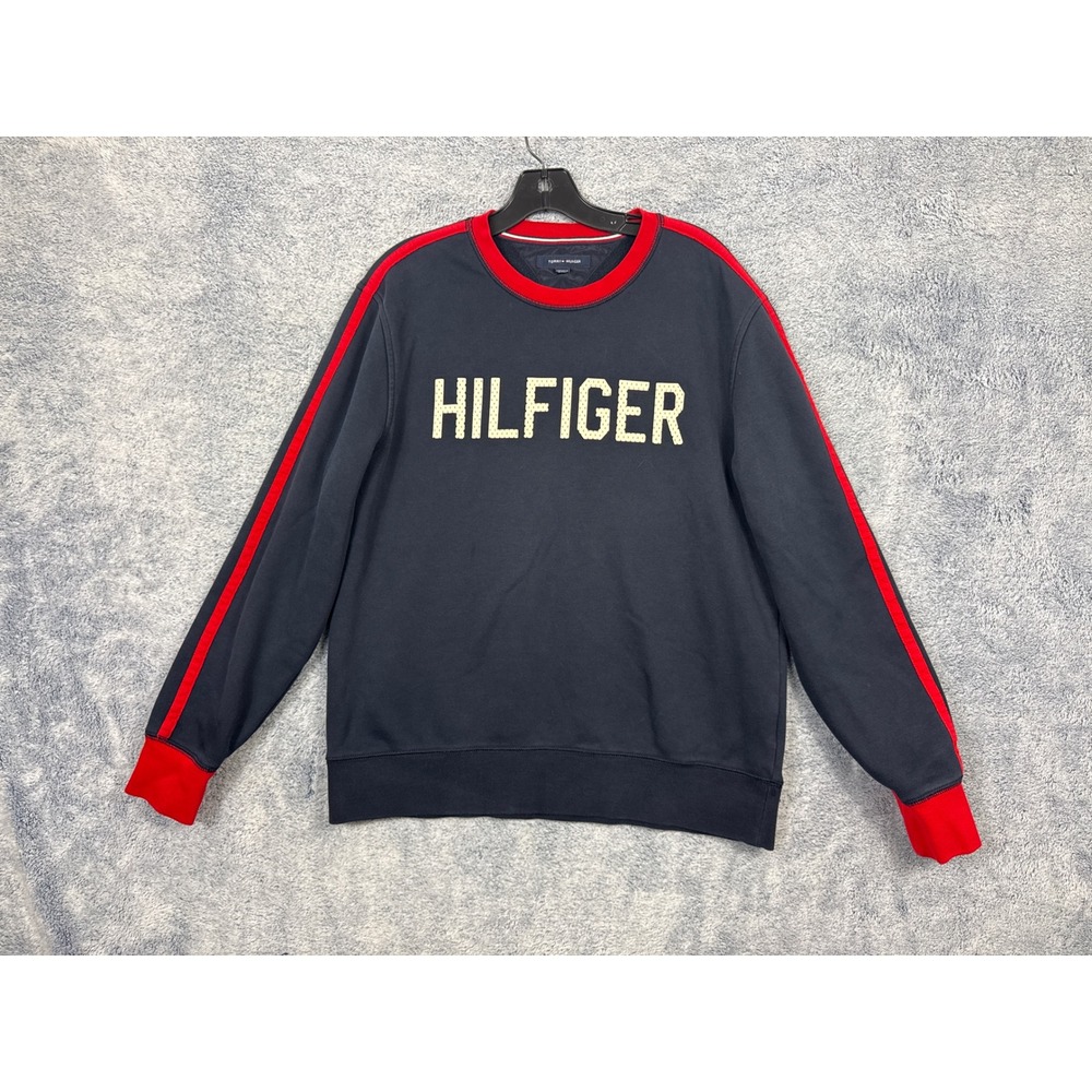 Tommy Hilfiger Mens L Navy Blue Sweatshirt Red Stripe Logo Pullover